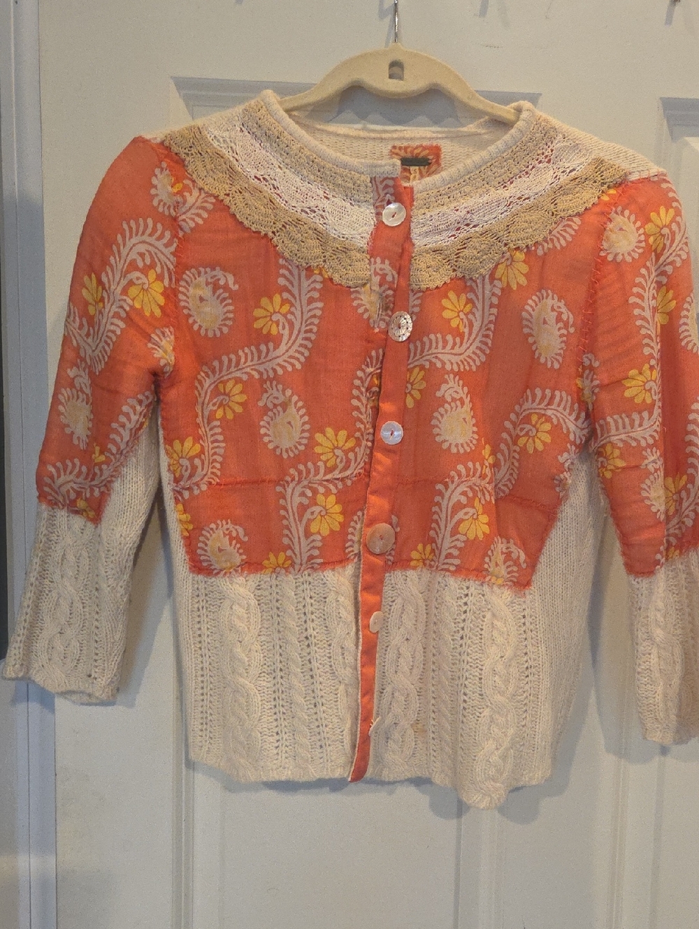 Free Peopke 3/4 Sleeve Wool Blend Orange Floral Patchwork Knit Cardigan